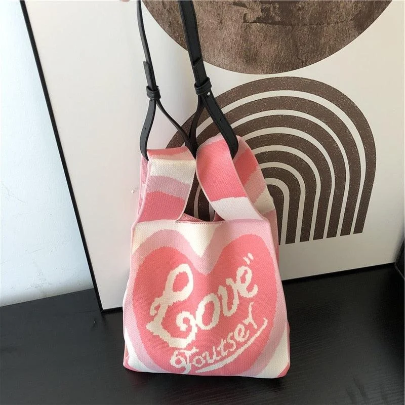 Love and Heart Knit Bags with Shoulder Strap Set - Glova