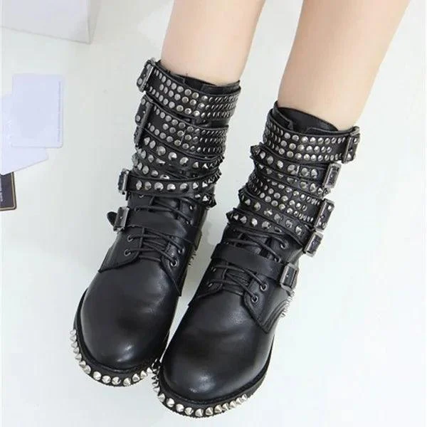 Low Heel Buckle Strap Punk Style Rivet Studded Ankle Boots - Glova