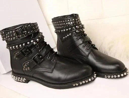 Low Heel Buckle Strap Punk Style Rivet Studded Ankle Boots - Glova