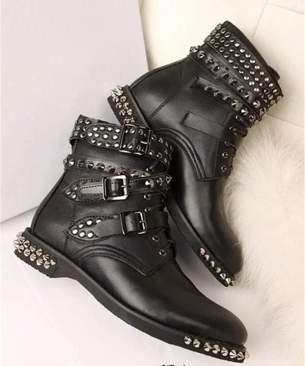 Low Heel Buckle Strap Punk Style Rivet Studded Ankle Boots - Glova