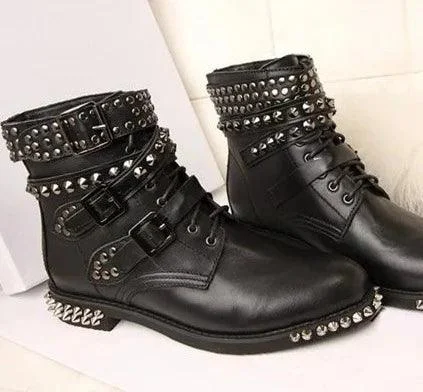 Low Heel Buckle Strap Punk Style Rivet Studded Ankle Boots - Glova