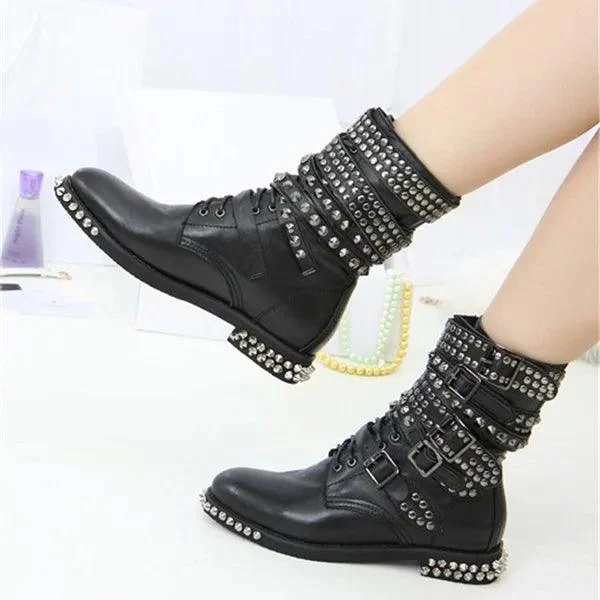 Low Heel Buckle Strap Punk Style Rivet Studded Ankle Boots - Glova