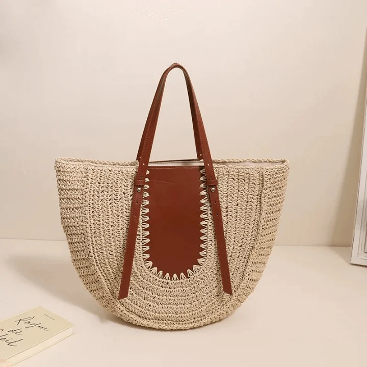 Lutie Colorblock Half Moon Straw Shoulder Bag - Glova