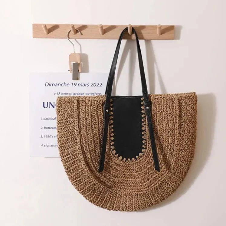 Lutie Colorblock Half Moon Straw Shoulder Bag - Glova