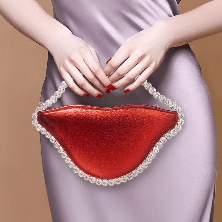 Luxe Lip Shaped Rhinestone Evening Clutch Bag - Glova