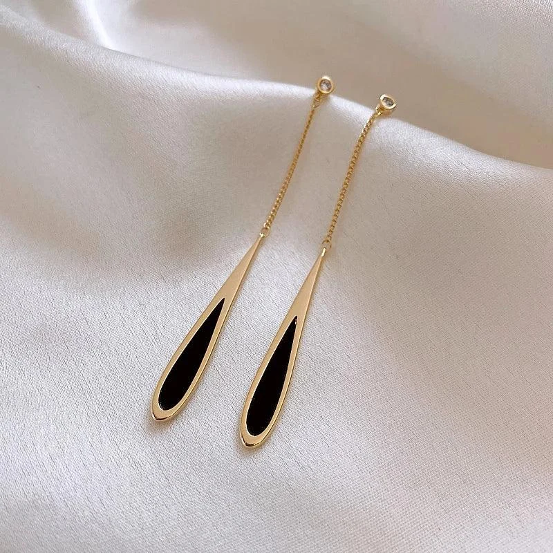 Luxe Oval Long Black Water Drop Earrings - Glova