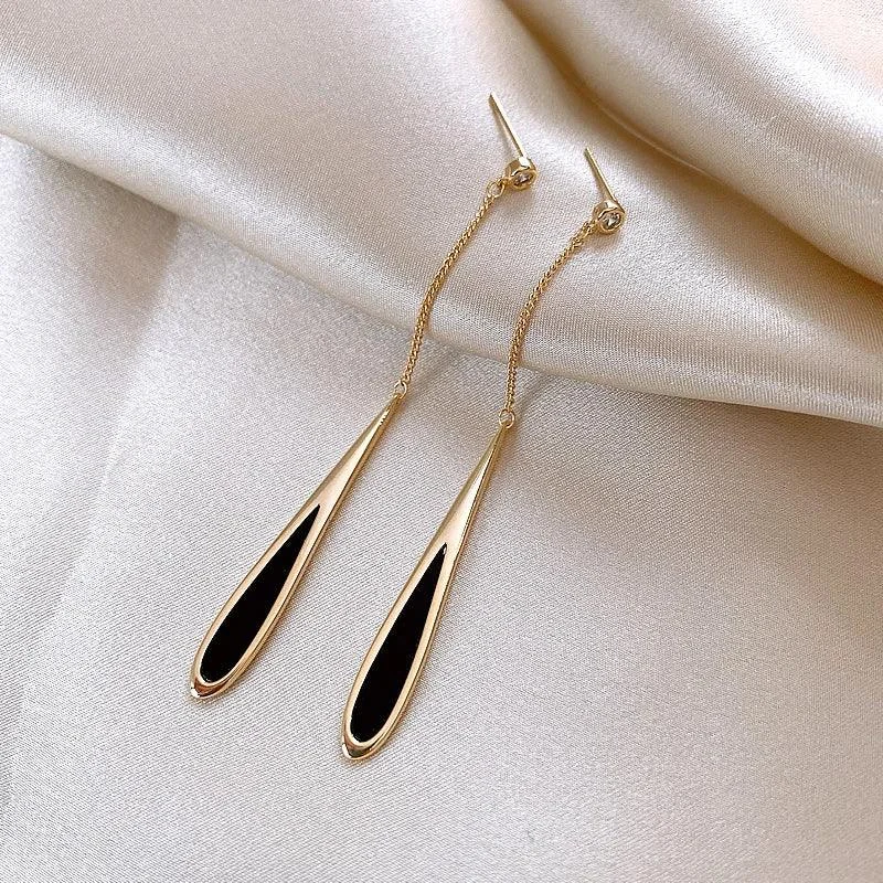 Luxe Oval Long Black Water Drop Earrings - Glova