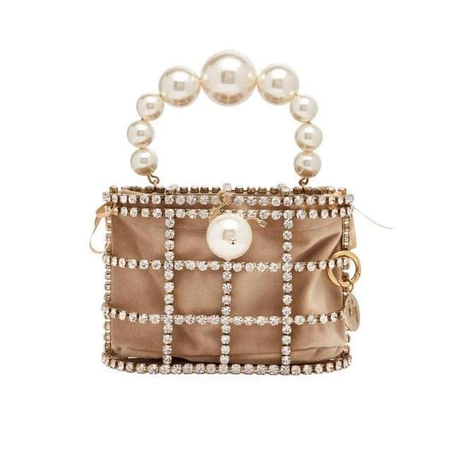 Luxe Rhinestone Cage With Pearl Handle Mini Bag - 2 Styles - Glova