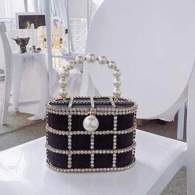 Luxe Rhinestone Cage With Pearl Handle Mini Bag - 2 Styles - Glova