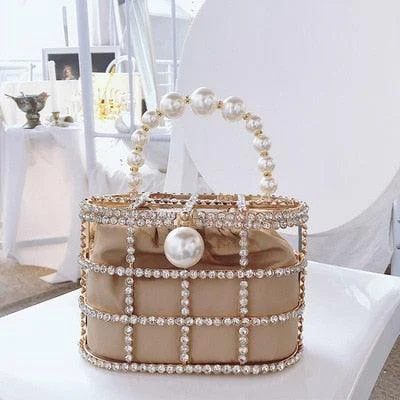 Luxe Rhinestone Cage With Pearl Handle Mini Bag - 2 Styles - Glova