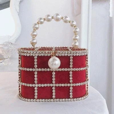 Luxe Rhinestone Cage With Pearl Handle Mini Bag - 2 Styles - Glova