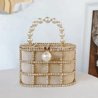 Luxe Rhinestone Cage With Pearl Handle Mini Bag - 2 Styles - Glova