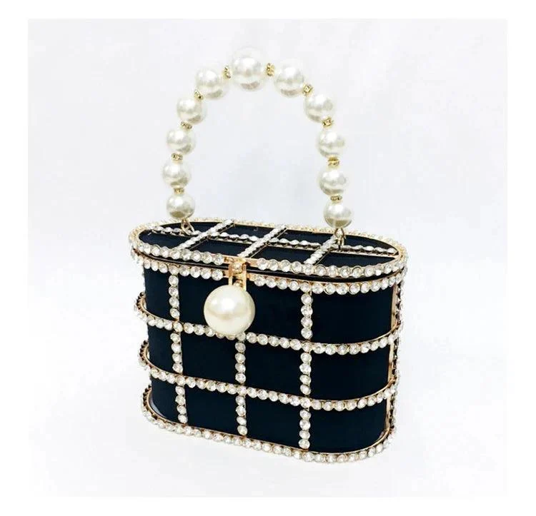 Luxe Rhinestone Cage With Pearl Handle Mini Bag - 2 Styles - Glova