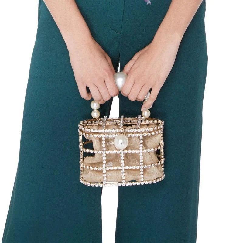 Luxe Rhinestone Cage With Pearl Handle Mini Bag - 2 Styles - Glova