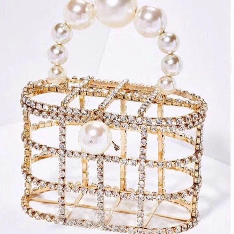 Luxe Rhinestone Cage With Pearl Handle Mini Bag - 2 Styles - Glova