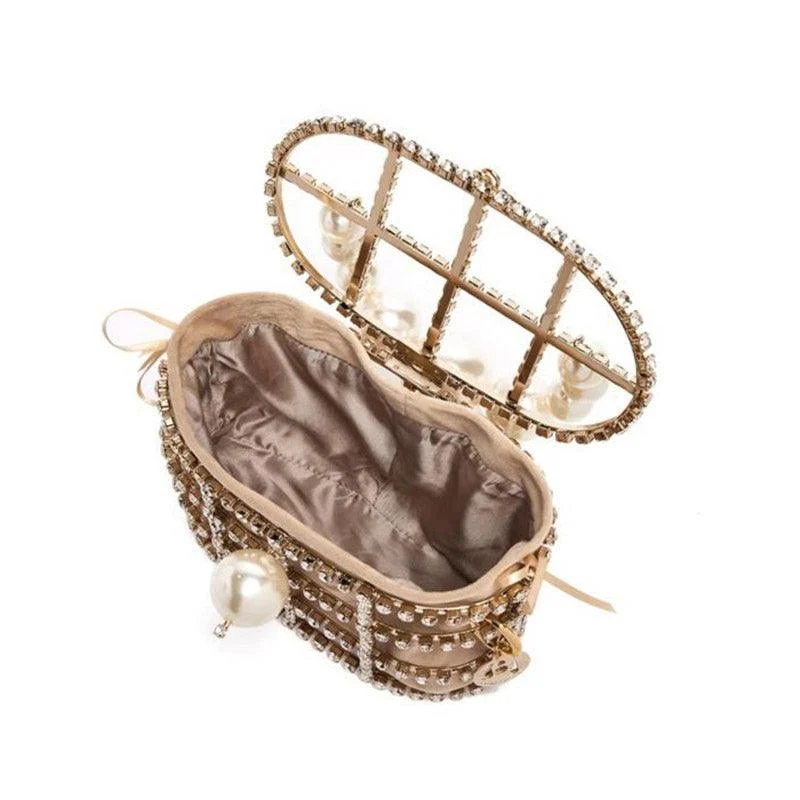 Luxe Rhinestone Cage With Pearl Handle Mini Bag - 2 Styles - Glova