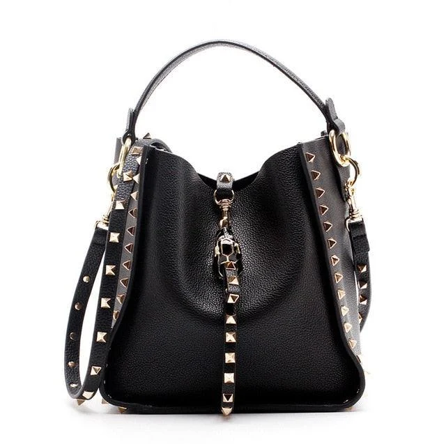 Luxe Riveted Leopard Head Lock Leather Bucket Bag - 7 Colors - Glova