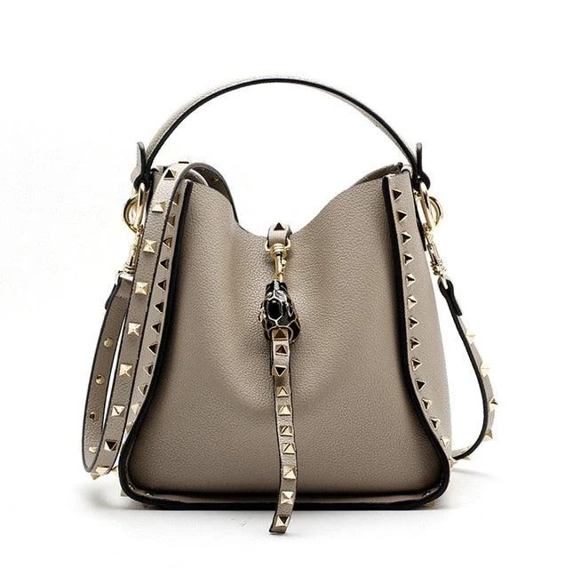 Luxe Riveted Leopard Head Lock Leather Bucket Bag - 7 Colors - Glova