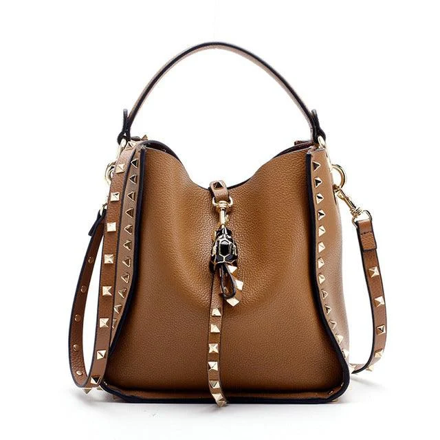 Luxe Riveted Leopard Head Lock Leather Bucket Bag - 7 Colors - Glova