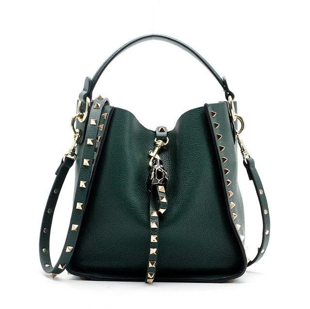 Luxe Riveted Leopard Head Lock Leather Bucket Bag - 7 Colors - Glova