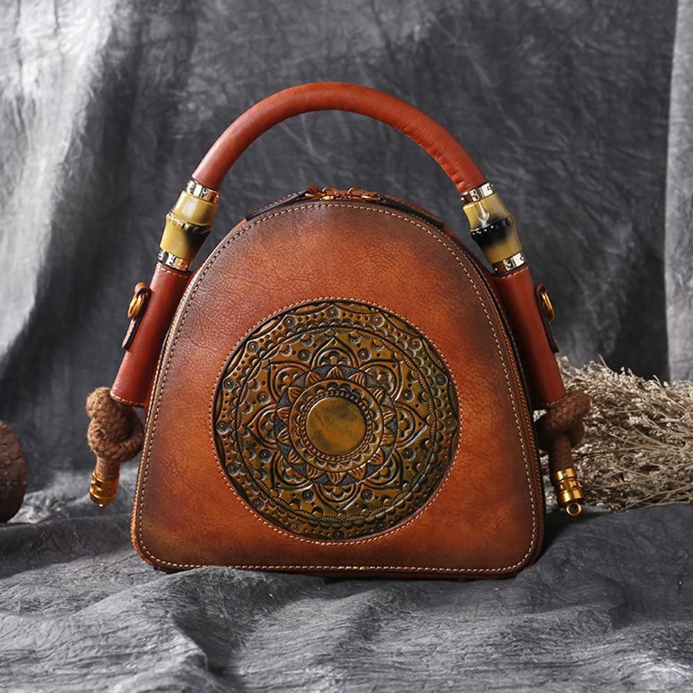 Mandala Embossed Leather U-Handbag - Glova