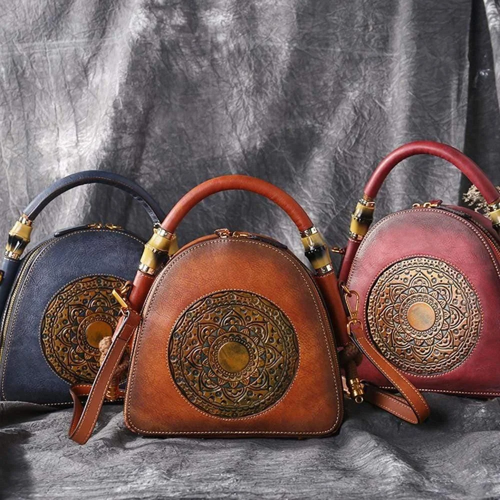 Mandala Embossed Leather U-Handbag - Glova