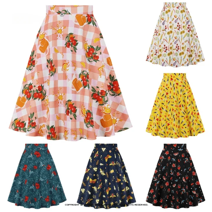 Marietta Retro Prints Flare Midi Skirts - Glova