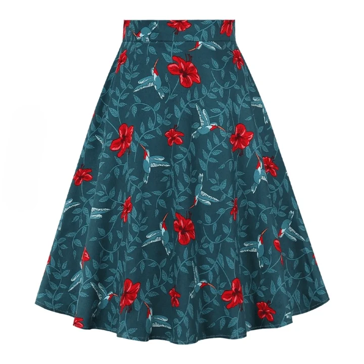 Marietta Retro Prints Flare Midi Skirts - Glova