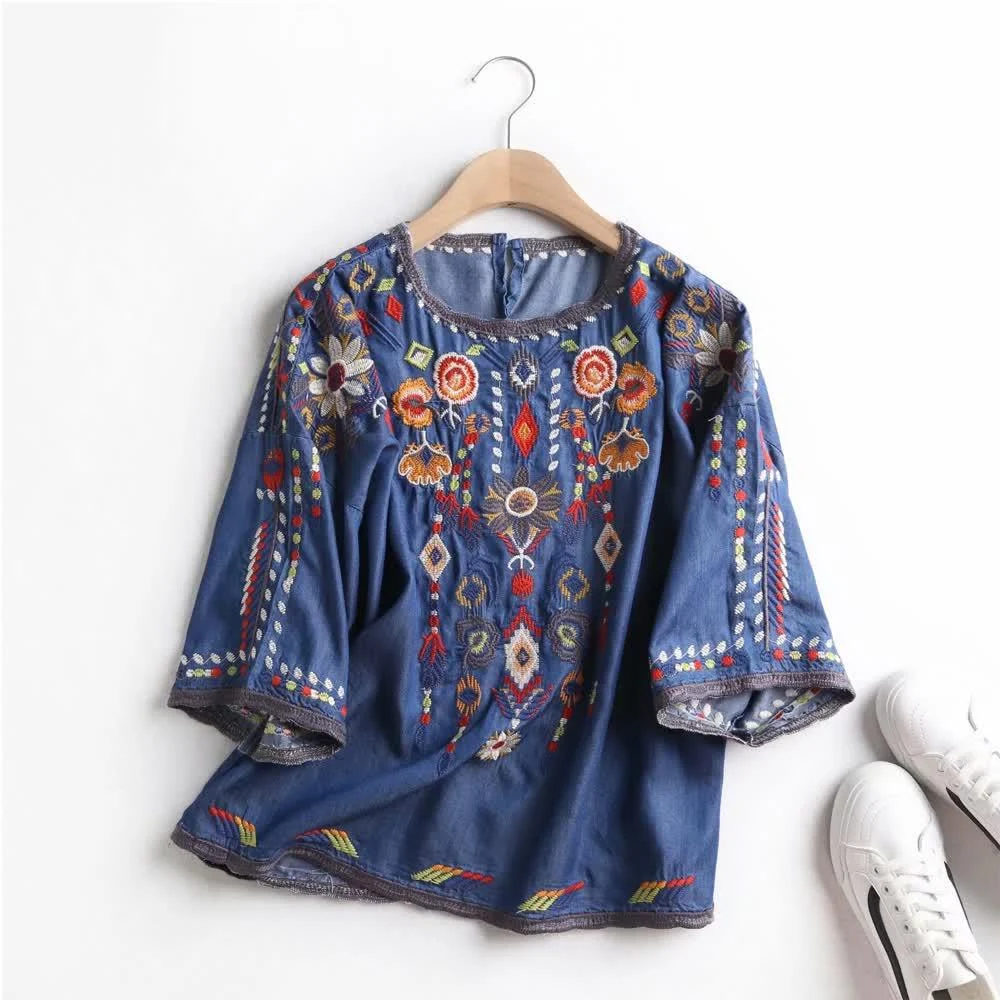 Marlee Floral Embroidery Denim Blouse - Glova