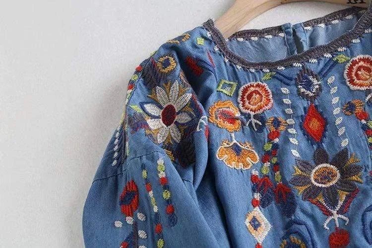 Marlee Floral Embroidery Denim Blouse - Glova