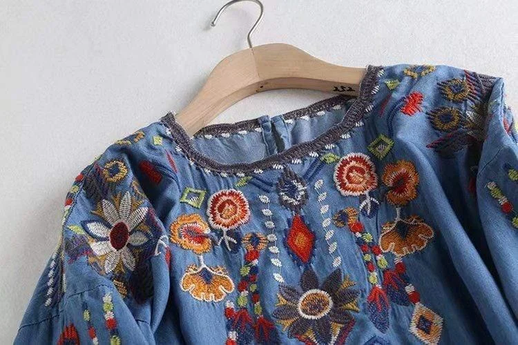 Marlee Floral Embroidery Denim Blouse - Glova