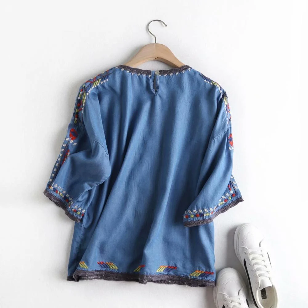 Marlee Floral Embroidery Denim Blouse - Glova