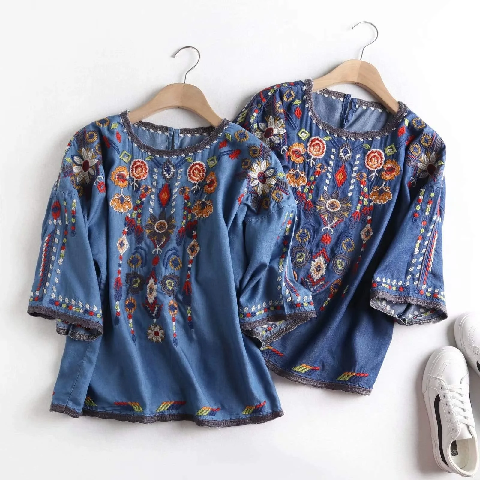 Marlee Floral Embroidery Denim Blouse - Glova