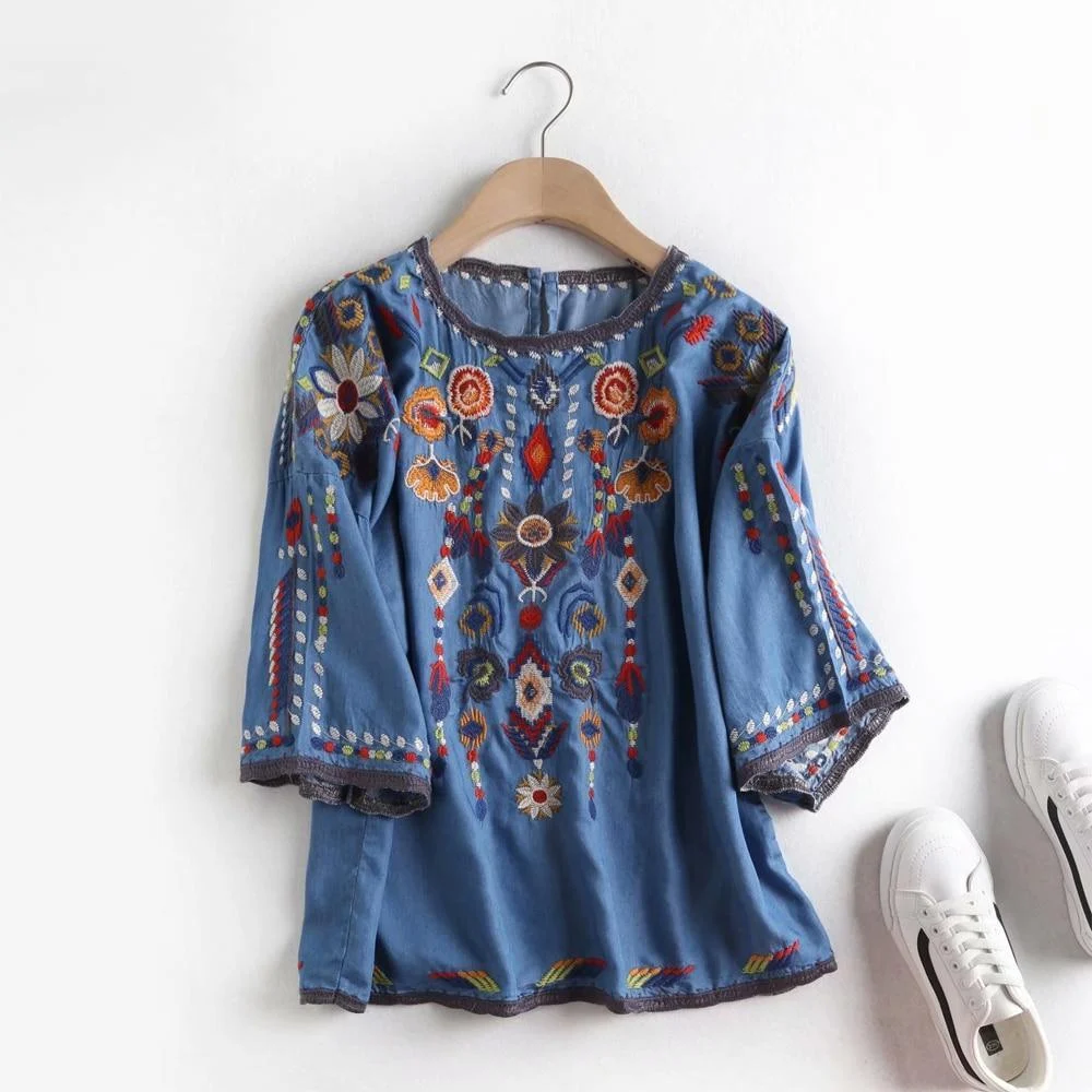 Marlee Floral Embroidery Denim Blouse - Glova