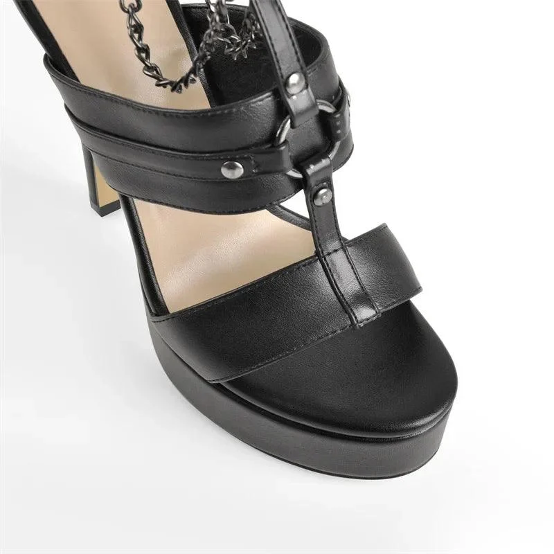 Matte Black Metal Chain Thin Super High Heels Rivet Buckle Shoes - Glova