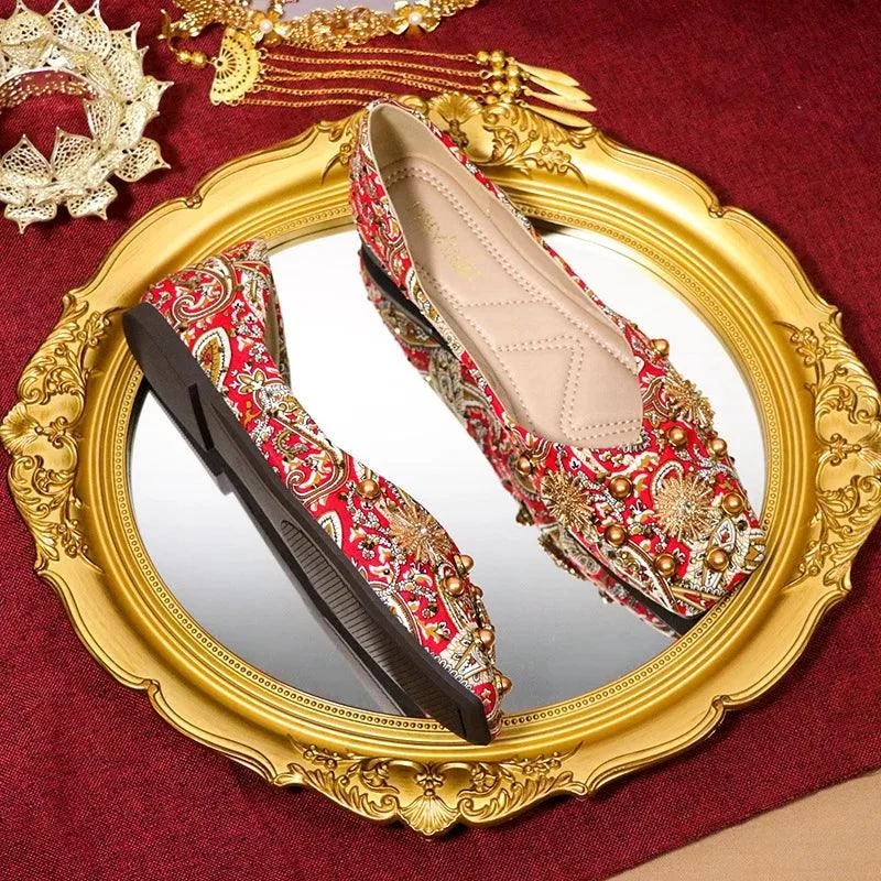 Meera Luxe Royal Red Prints Ballet Flats - Glova