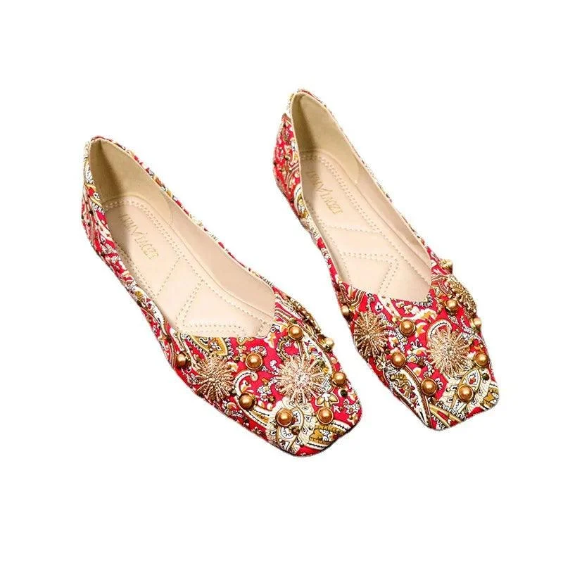 Meera Luxe Royal Red Prints Ballet Flats - Glova