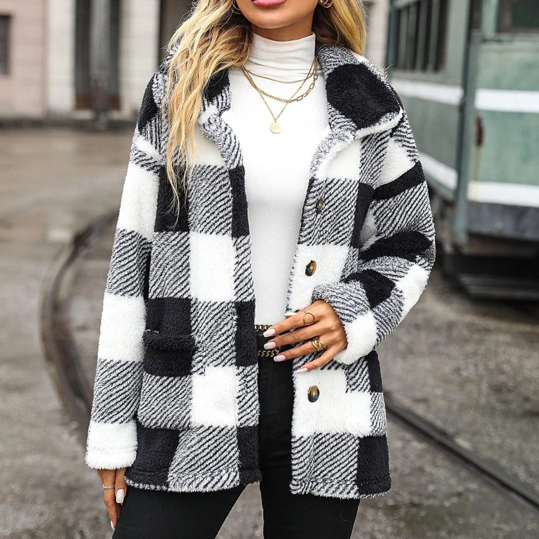 Melisande Boxy Coat in Check Fluffy Borg - Glova