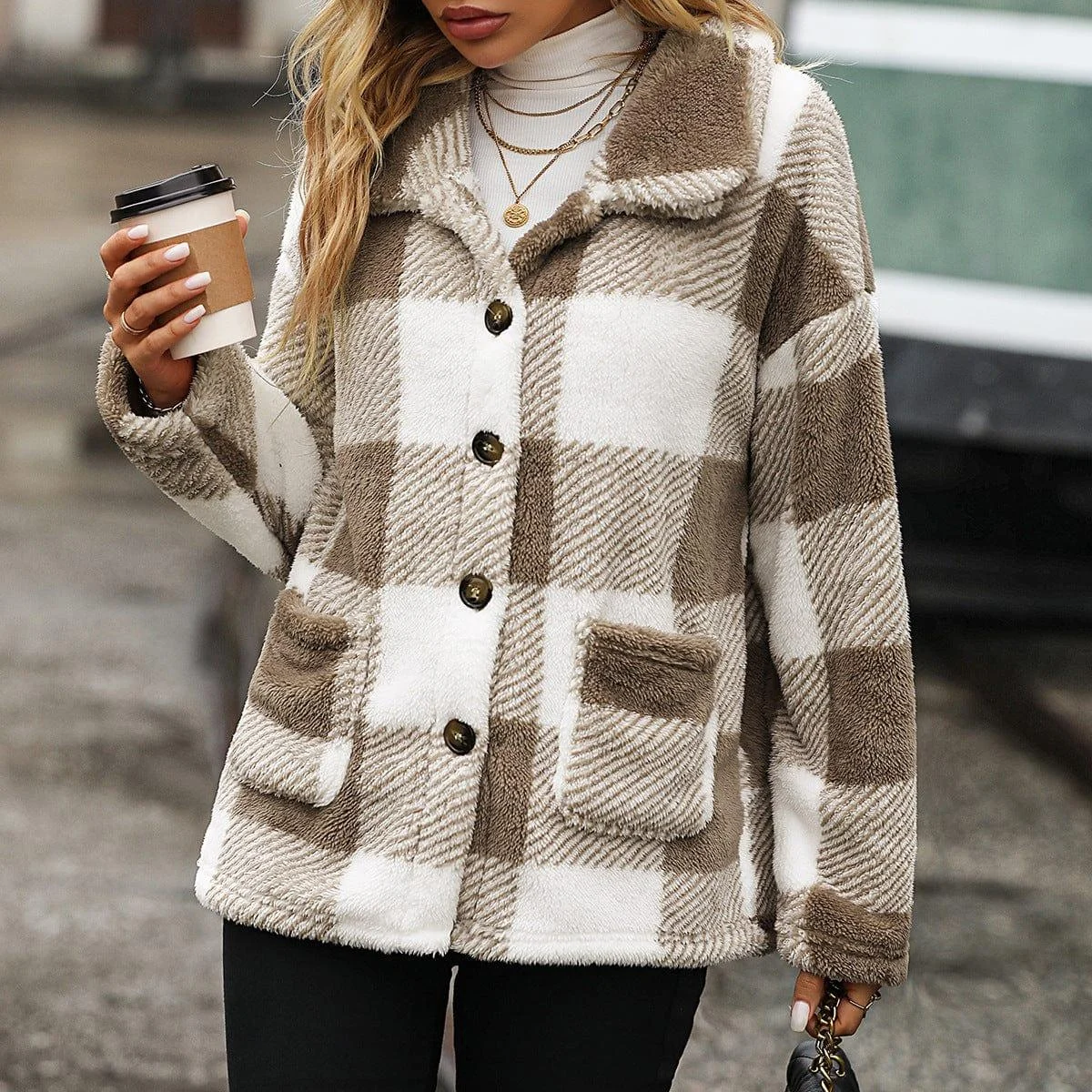 Melisande Boxy Coat in Check Fluffy Borg - Glova