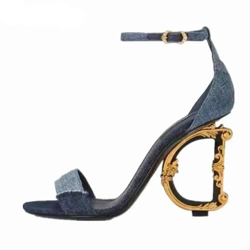 Metal Heels Sandals For Women Sequins Denim Gladiator Shoes - Glova