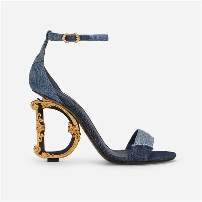 Metal Heels Sandals For Women Sequins Denim Gladiator Shoes - Glova