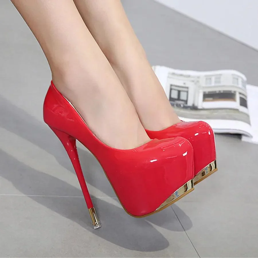 Metal High Heels 16cm Leather Round Toe Female Pumps Shoes - Glova