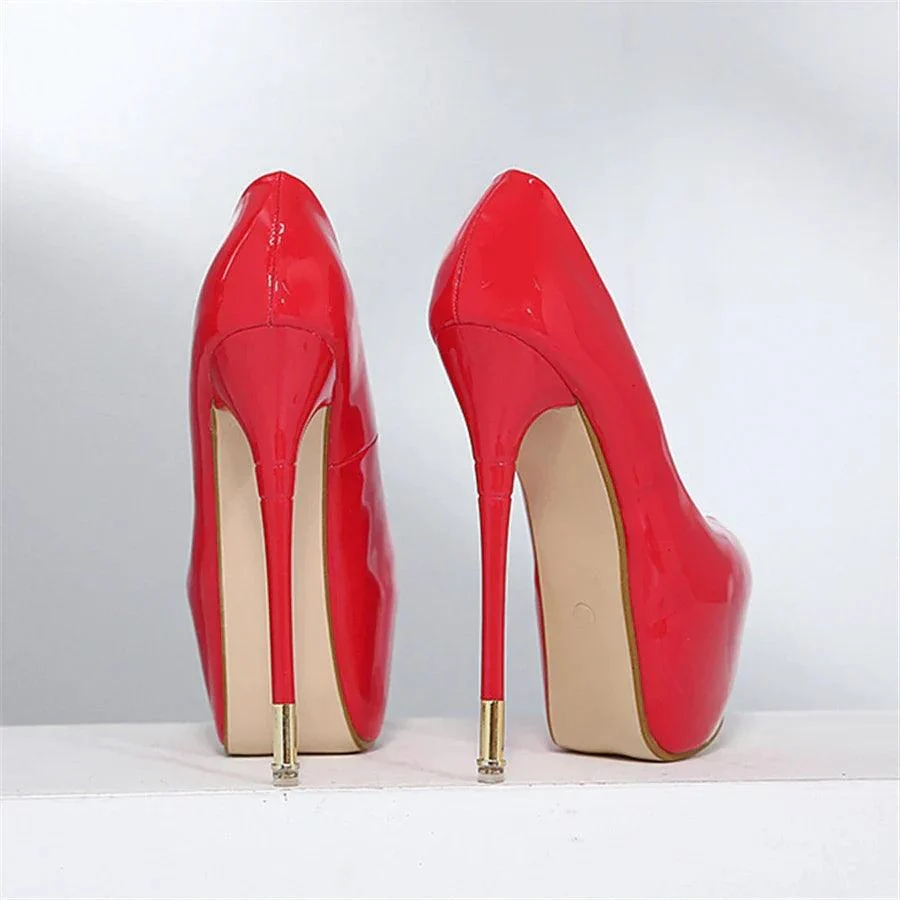 Metal High Heels 16cm Leather Round Toe Female Pumps Shoes - Glova