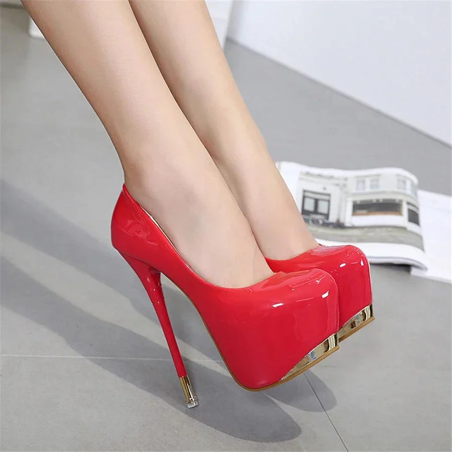 Metal High Heels 16cm Leather Round Toe Female Pumps Shoes - Glova