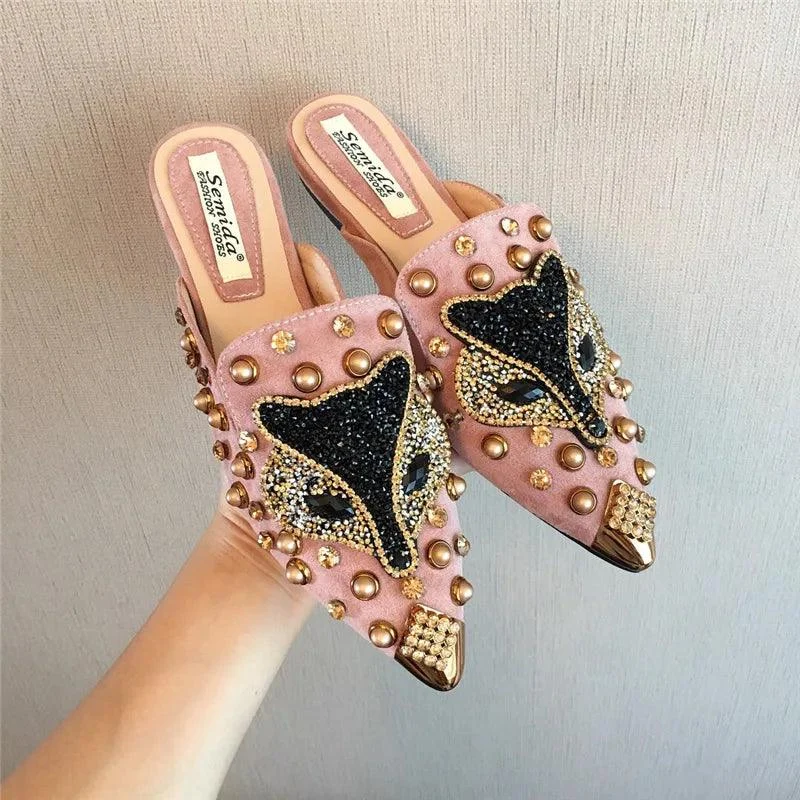 Metal Studs Crystal Pointed Toe Mules Shoes - Glova