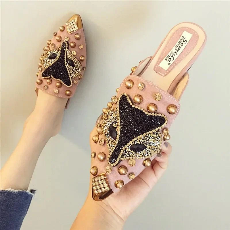 Metal Studs Crystal Pointed Toe Mules Shoes - Glova