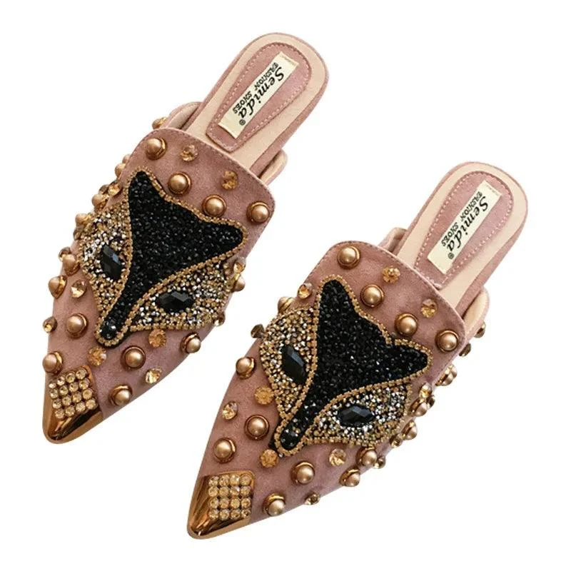 Metal Studs Crystal Pointed Toe Mules Shoes - Glova