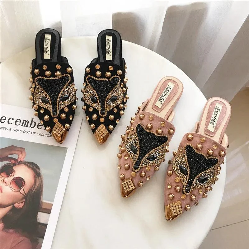 Metal Studs Crystal Pointed Toe Mules Shoes - Glova