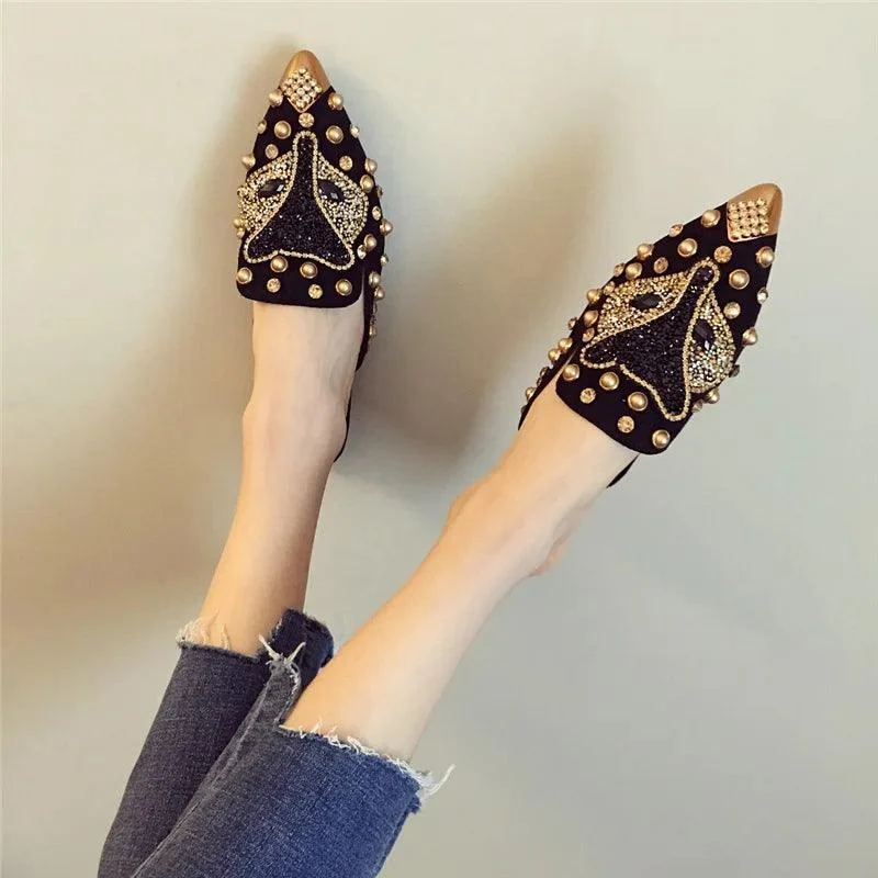 Metal Studs Crystal Pointed Toe Mules Shoes - Glova