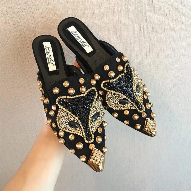 Metal Studs Crystal Pointed Toe Mules Shoes - Glova